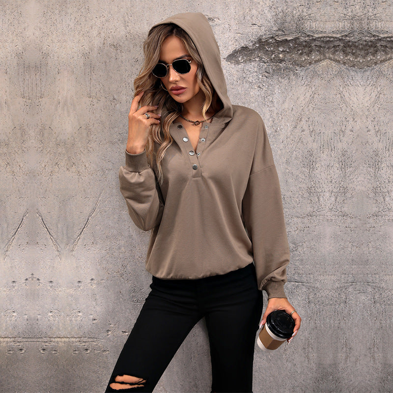 Damen gemütlicher Hoodie mit Knopfleiste und lässigem Schnitt Drune