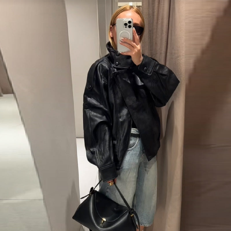 Damen elegante und voluminöse Lederjacke mit Stehkragen Drune