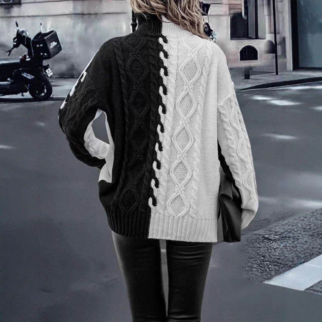 Damen Halblanger Strickpullover mit hohem Kragen und ausgefallenem Zopfmuster Drune