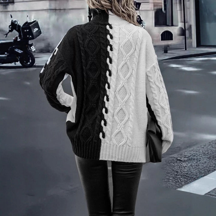 Damen Halblanger Strickpullover mit hohem Kragen und ausgefallenem Zopfmuster Drune