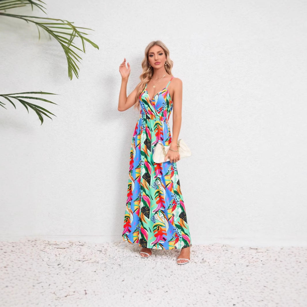 Damen Maxikleid mit zartem V-Ausschnitt und buntem Pflanzenmuster Drune