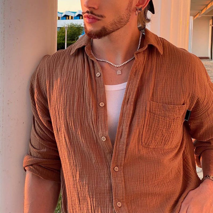 Herren Freizeithemd aus strukturiertem Baumwoll-Mix mit Brusttasche Drune