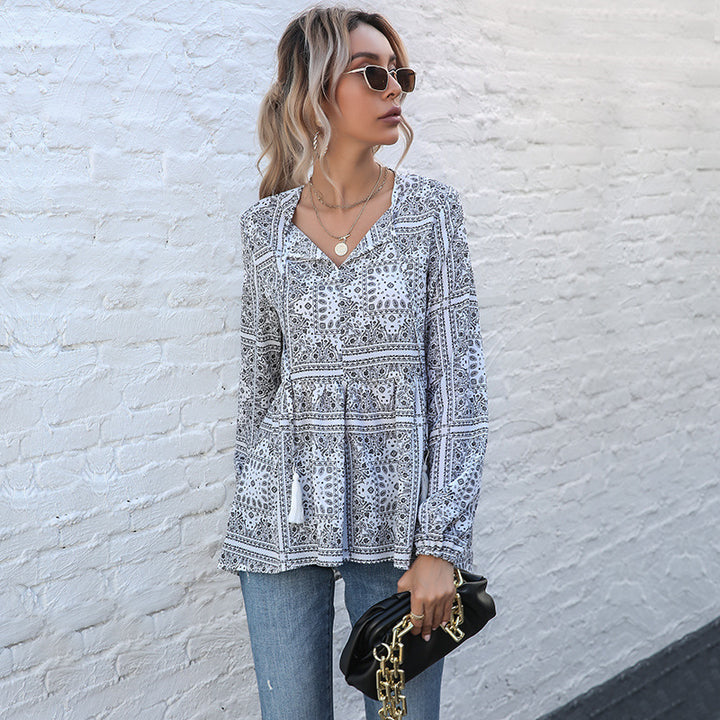 Damen lässige Bluse mit verspieltem Muster und elegantem V-Ausschnitt Drune