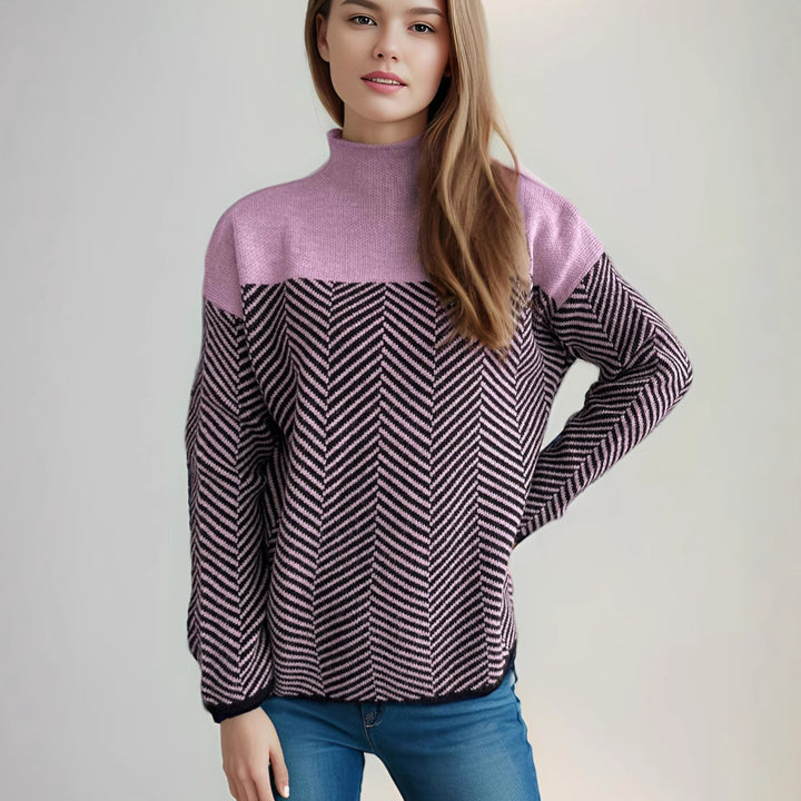 Damen gemütlicher Rollkragenpullover mit modernem Fischgrätenmuster und elastischen Bündchen Drune