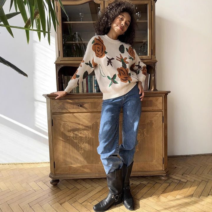 Damen Strickpullover mit floralem Muster Drune