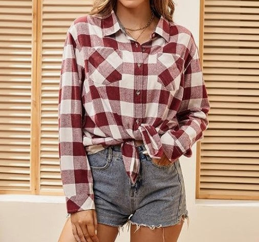 Damen karierte Flanellbluse mit Knoten-Detail Drune