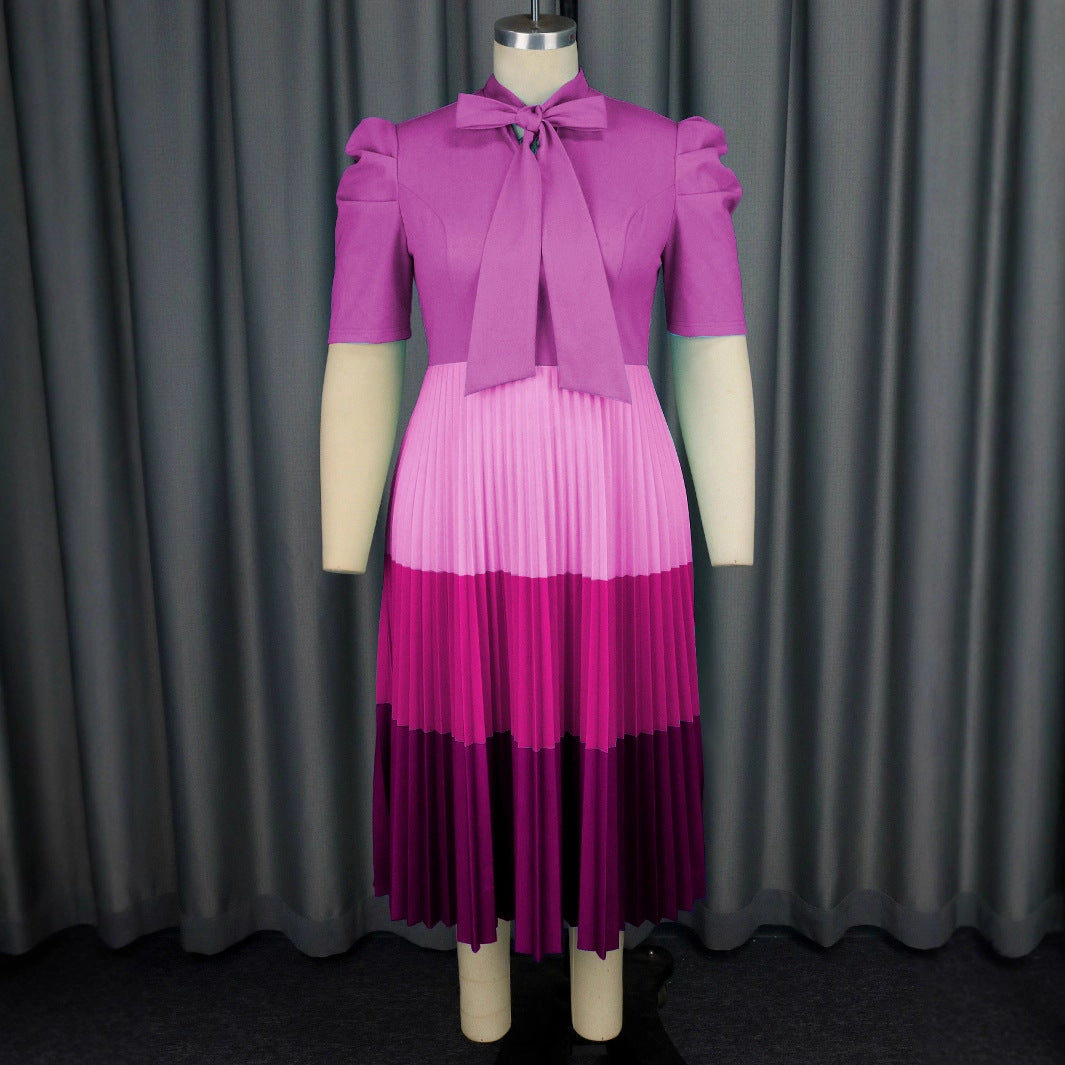Damen Elegantes Plisseekleid mit Schleifenkragen Drune