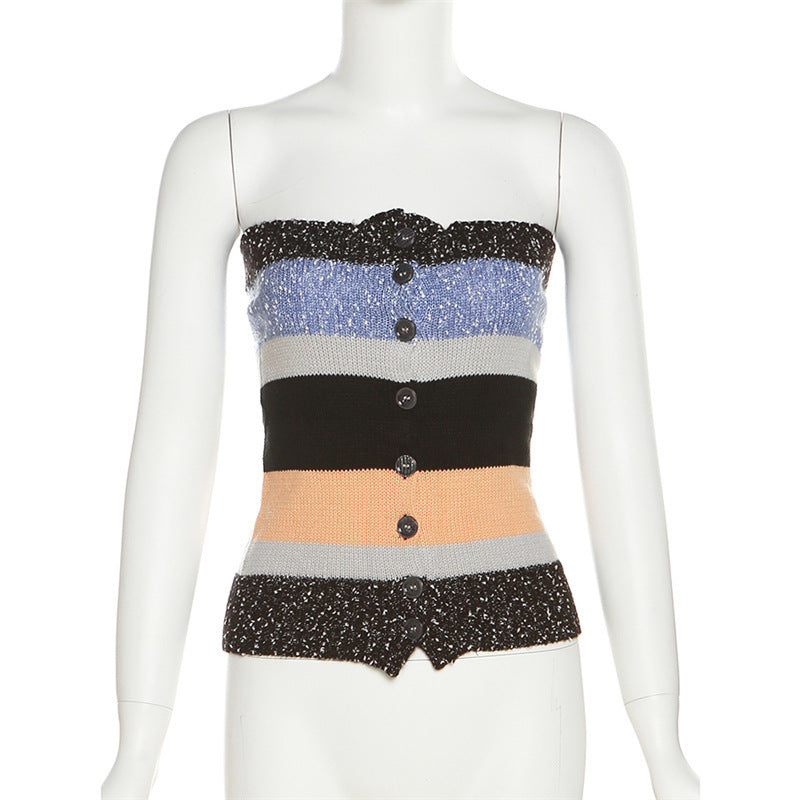Damen Bandeau-Top mit bunten Streifen und dekorativen Knöpfen Drune
