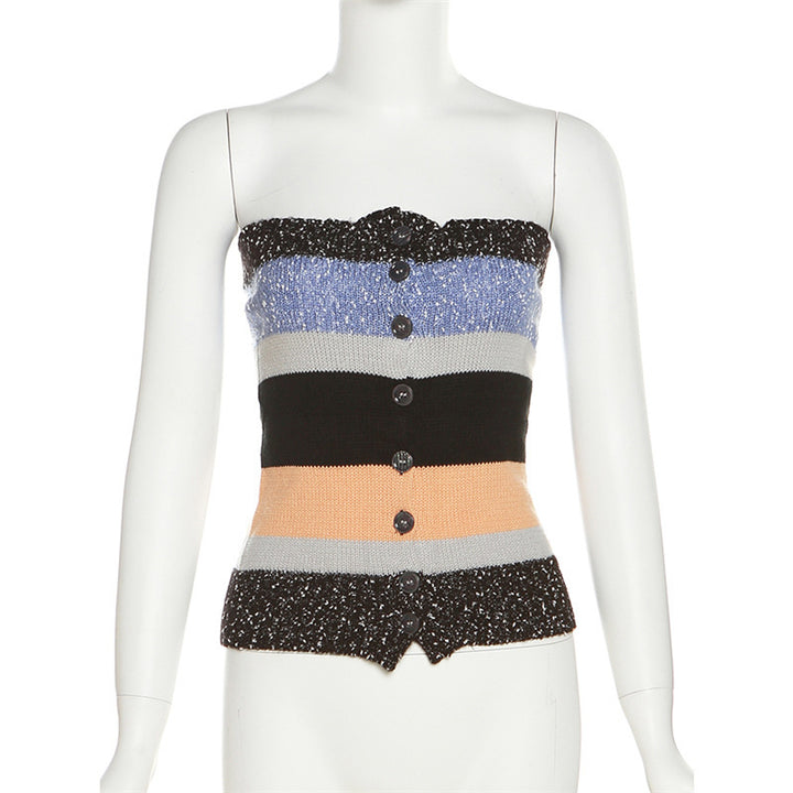 Damen Bandeau-Top mit bunten Streifen und dekorativen Knöpfen Drune
