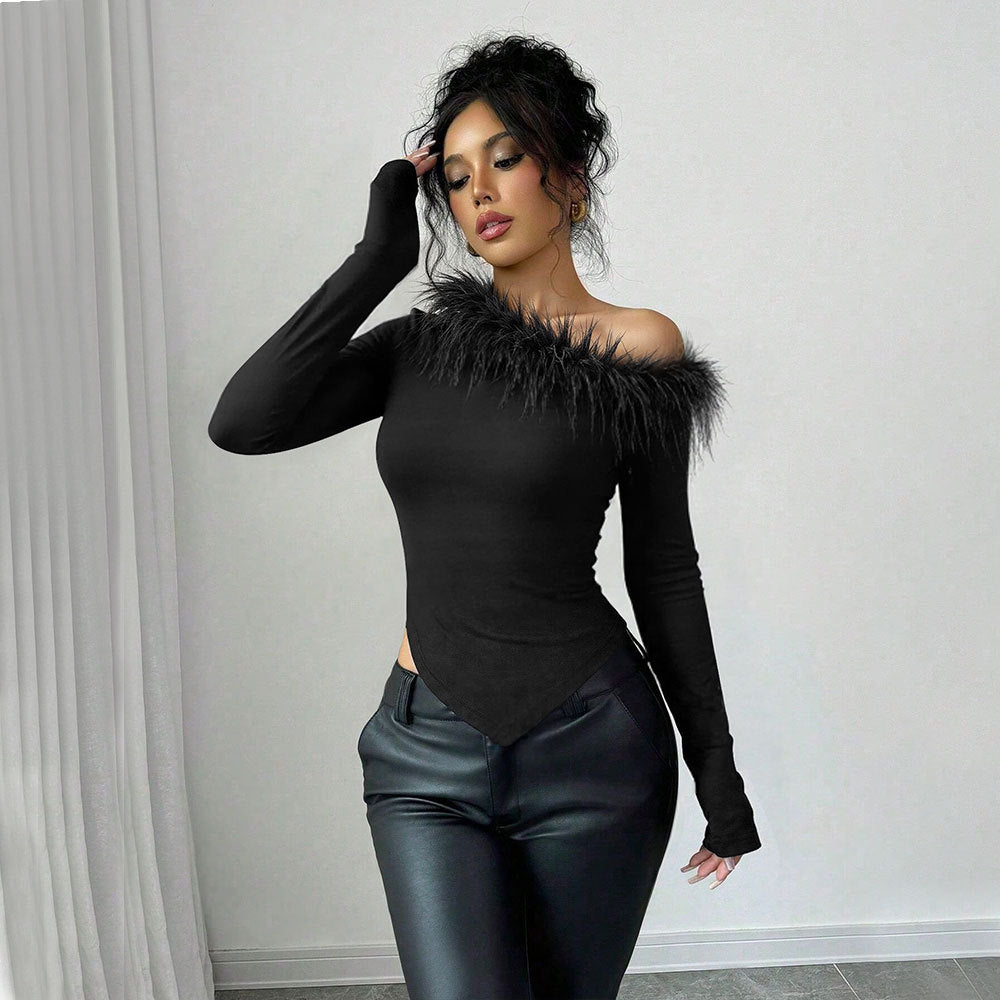 Damen elegantes Top mit abnehmbarem Flauschebesatz Drune