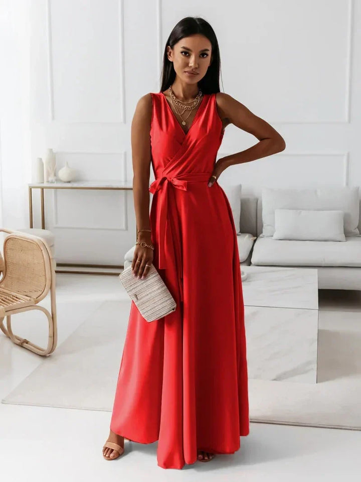 Damen einfarbig V-Ausschnitt Langes Kleid