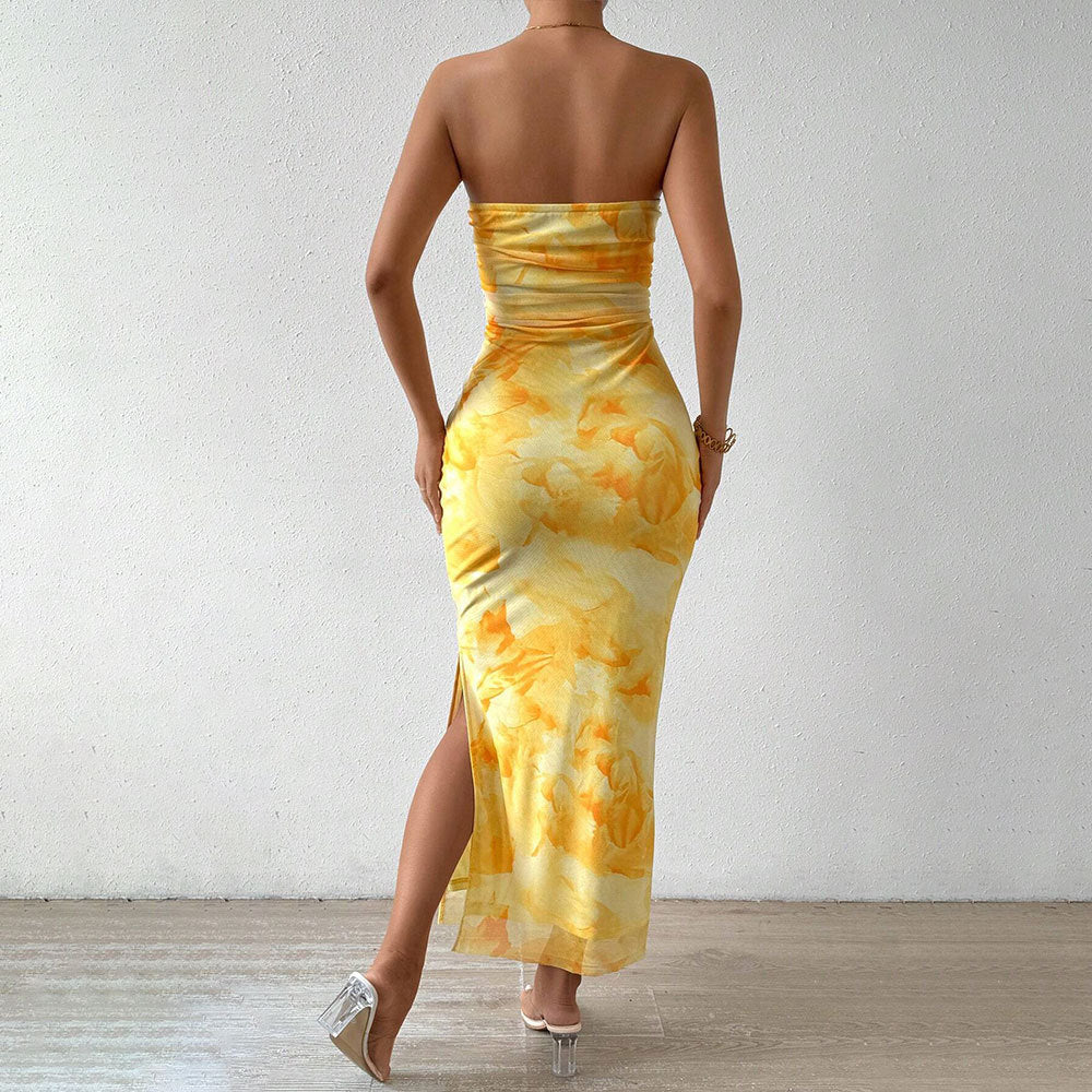 Damen Lange Hülsenmaxikleid mit Bandeau-Ausschnitt und hohem Schlitz Drune