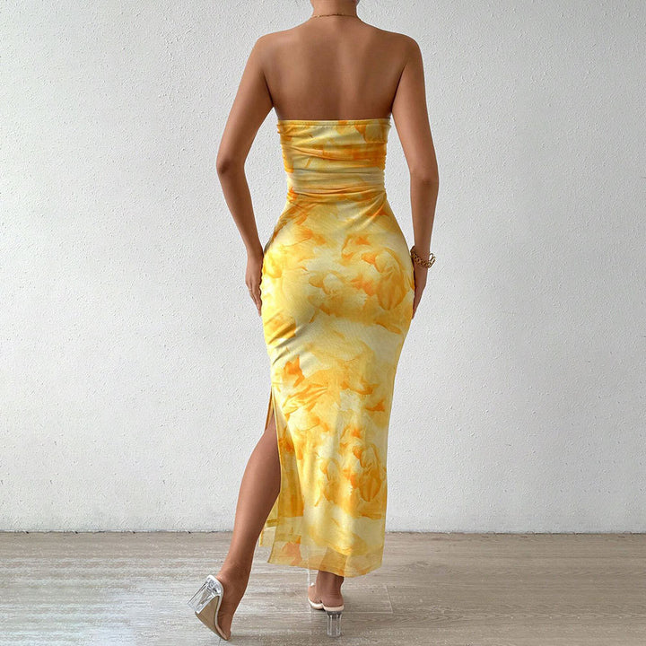 Damen Lange Hülsenmaxikleid mit Bandeau-Ausschnitt und hohem Schlitz Drune
