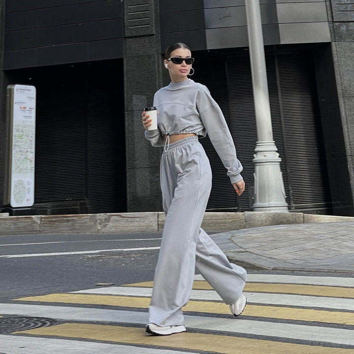 Damen lässiges und elegantes Crop-Top und weite Hose Set Drune