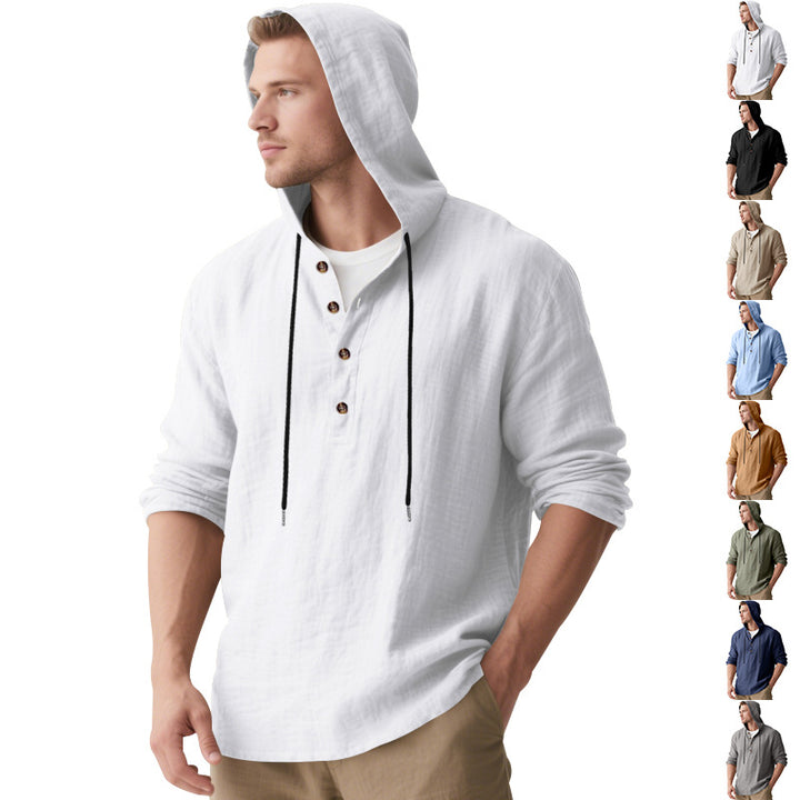 Herren nan lässiges Leinen-Henley mit Kapuze, Kordelzug und Dreiknopfleiste Drune