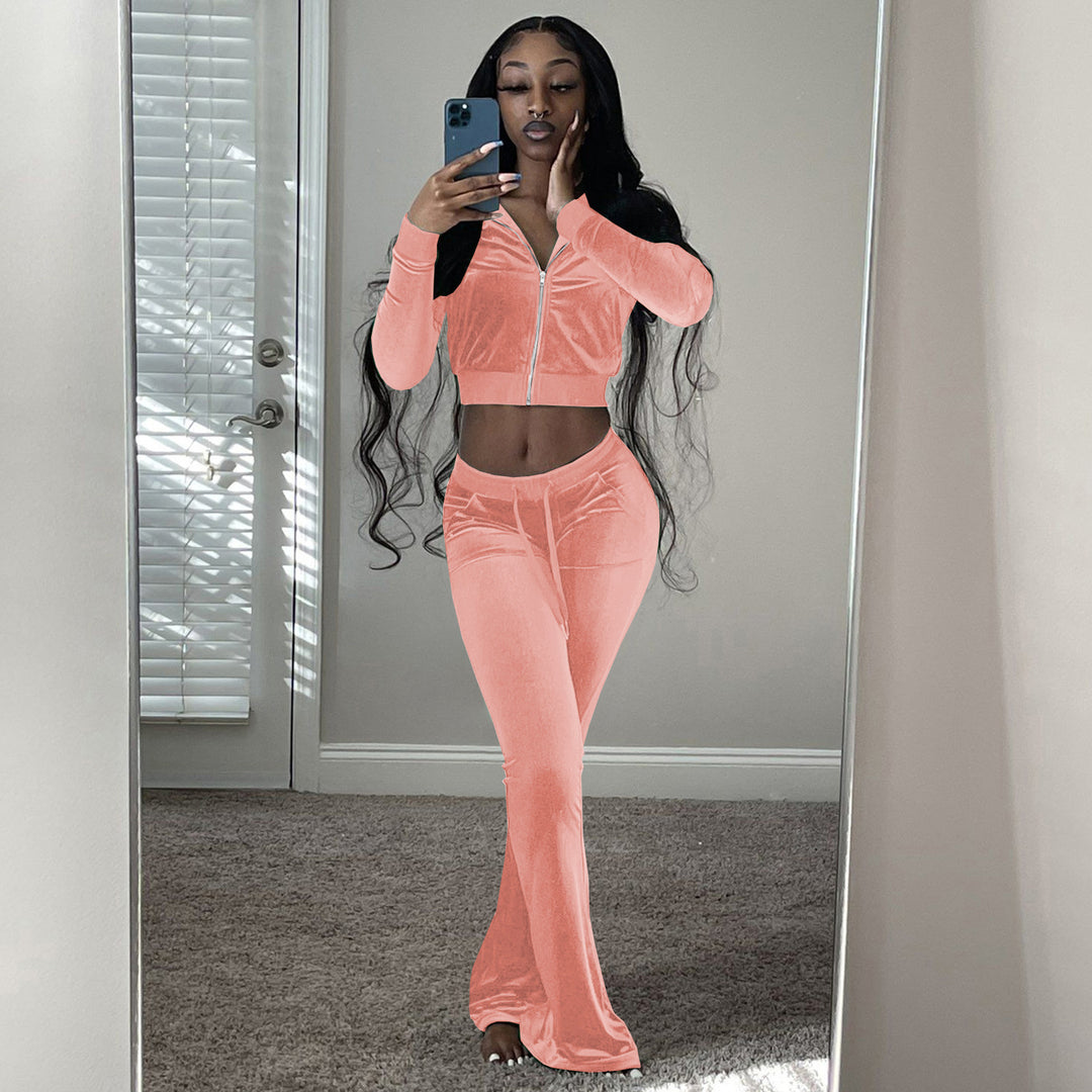 Damen Velours Tracksuit mit Zip-Front und weit geschnittener Hose Drune