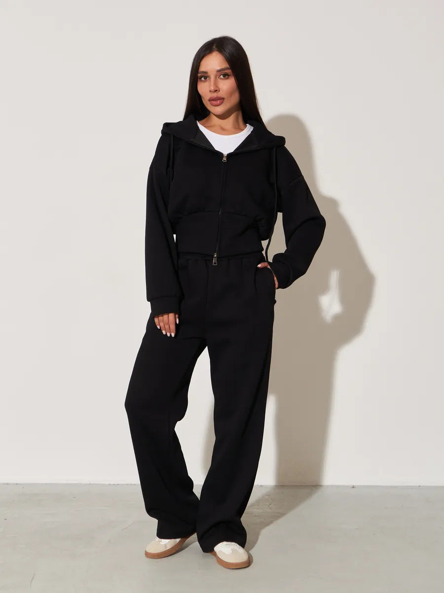 Damen lässiges Kapuzenoberteil und weite Sweatpants-Set mit hohem Bund und Reißverschluss Drune