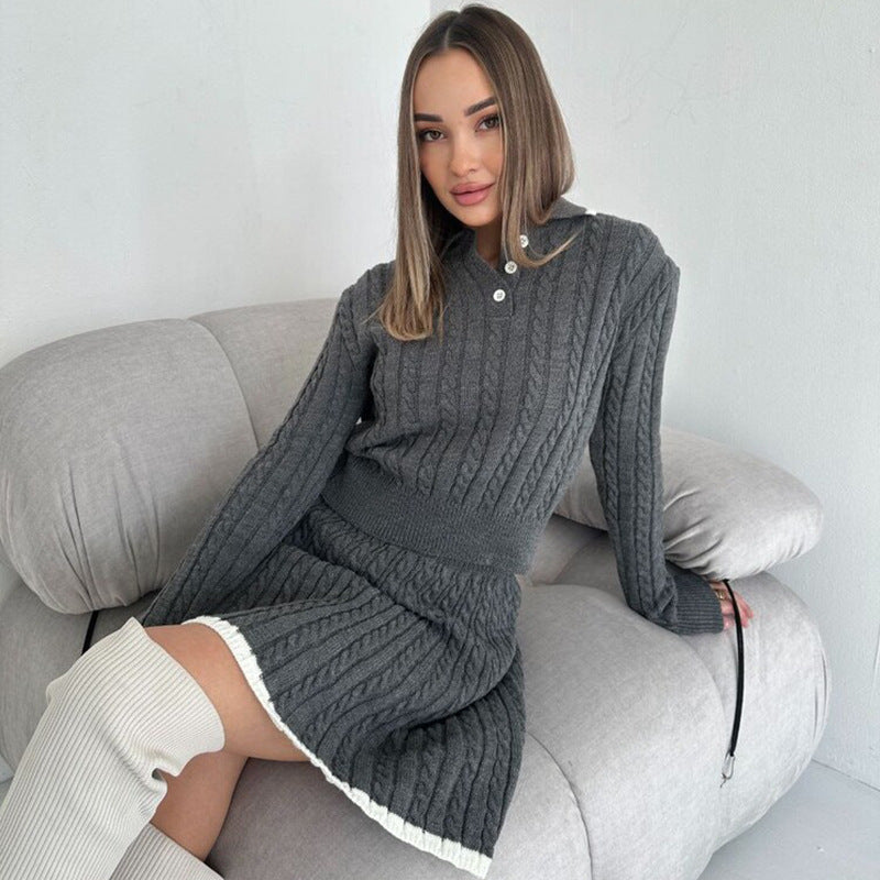 Damen nan Kabelstrick-Set mit Polo-Kragen und ausgestelltem A-Linien-Rock Drune