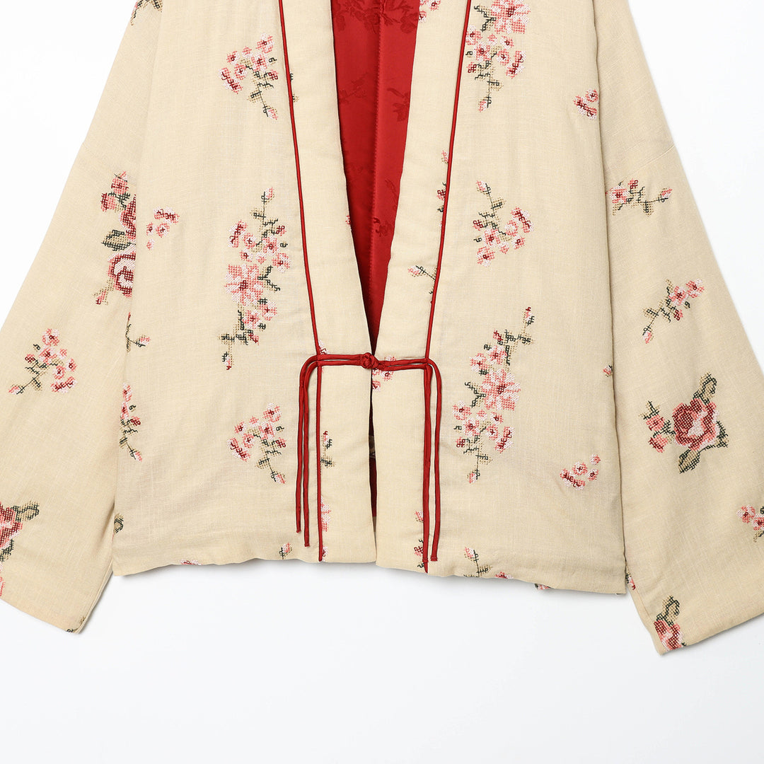 Damen Elegante kimono-inspirierte Jacke mit floraler Bestickung Drune