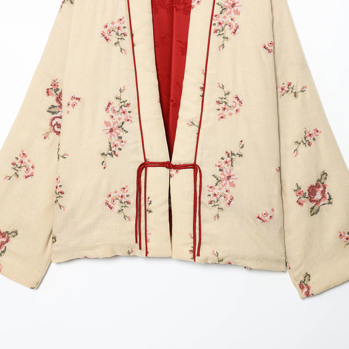 Damen Elegante kimono-inspirierte Jacke mit floraler Bestickung Drune