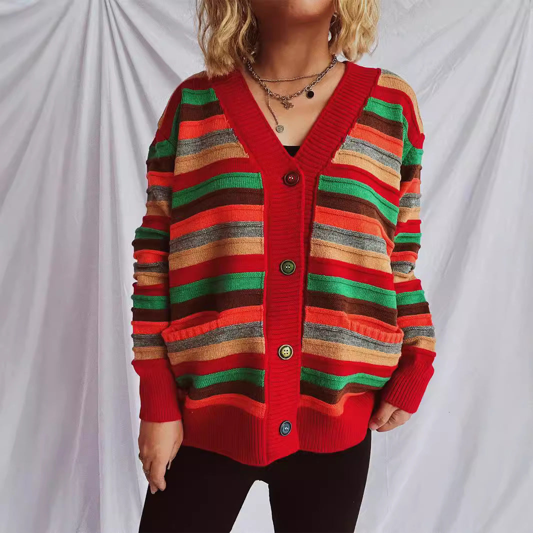 Damen lässige Strickjacke mit buntem Streifenmuster und lockerer Passform Drune