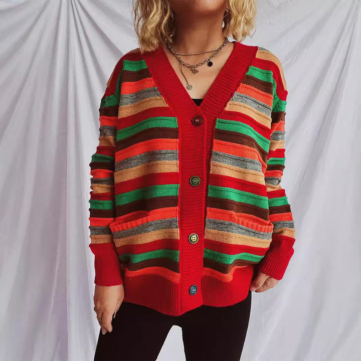 Damen lässige Strickjacke mit buntem Streifenmuster und lockerer Passform Drune