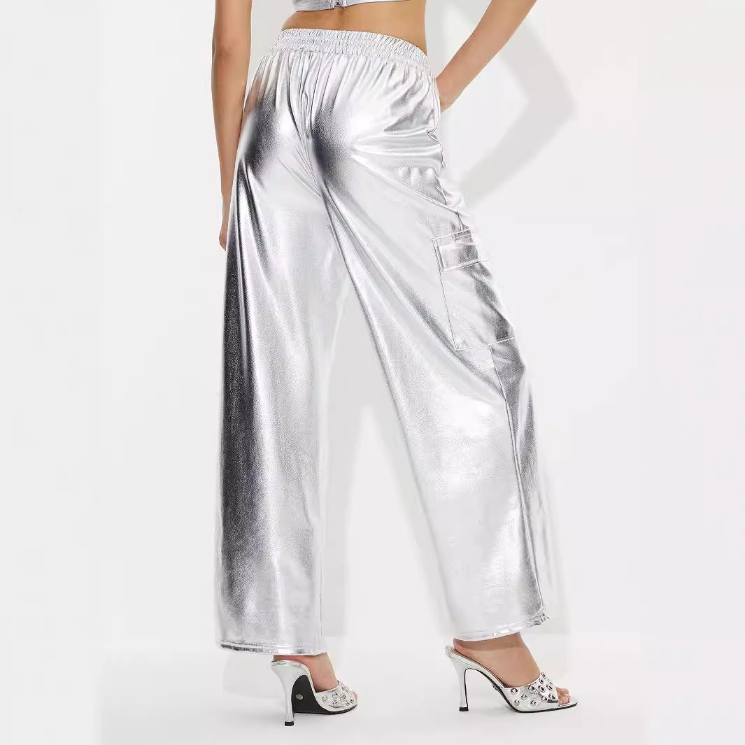 Damen Cargo-Hosen im glänzenden Metallic-Look mit elastischem Bund Drune