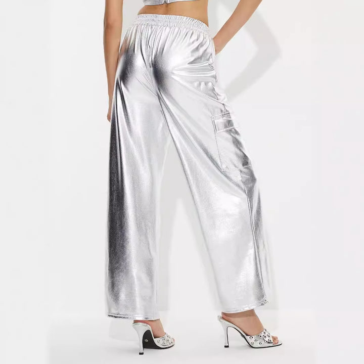 Damen Cargo-Hosen im glänzenden Metallic-Look mit elastischem Bund Drune