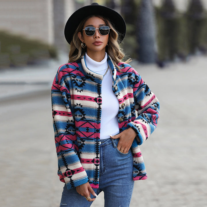 Damen Fleecejacke mit attraktiven geometrischen Mustern und praktischen Taschen Drune