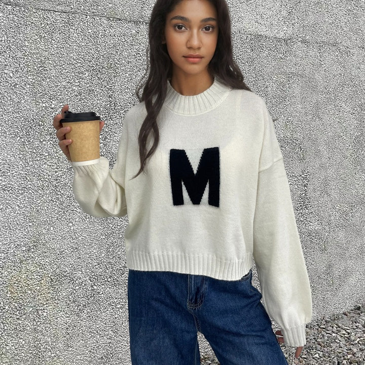 Damen Oversized Strickpullover mit einzigartigem Frontmotiv Drune