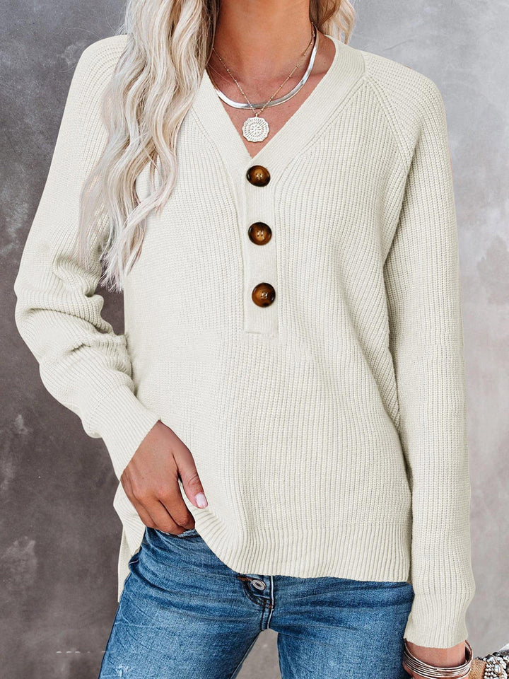 Damen lässiger Strickpullover mit Knopfdetail und V-Ausschnitt Drune
