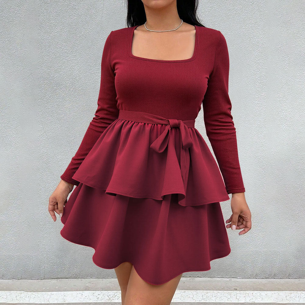 Damen Minikleid mit quadratischem Ausschnitt und rüschenbetontem Taillenband Drune