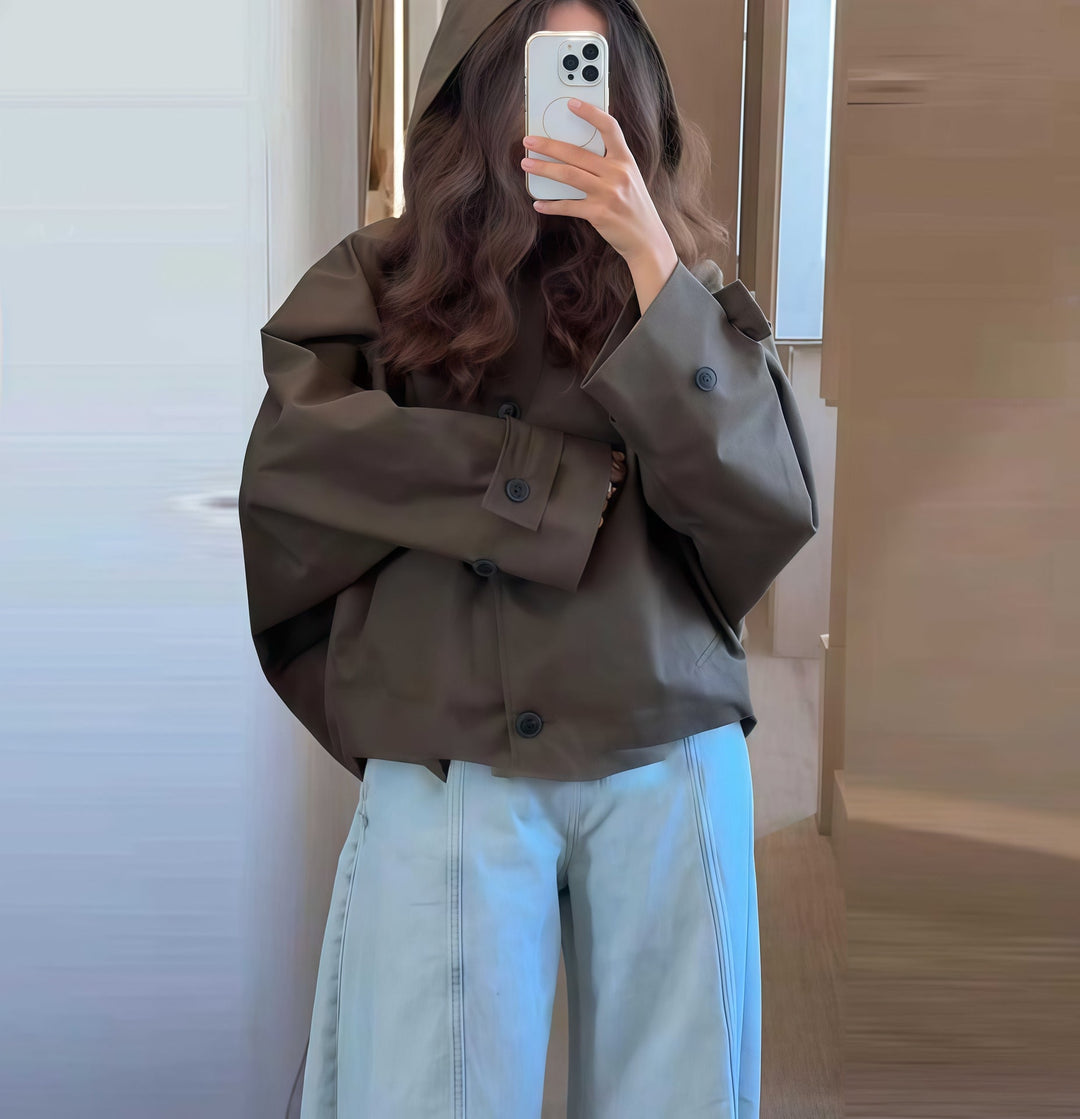 Damen Oversized Regenjacke mit Kapuze und modischem Schnitt Drune