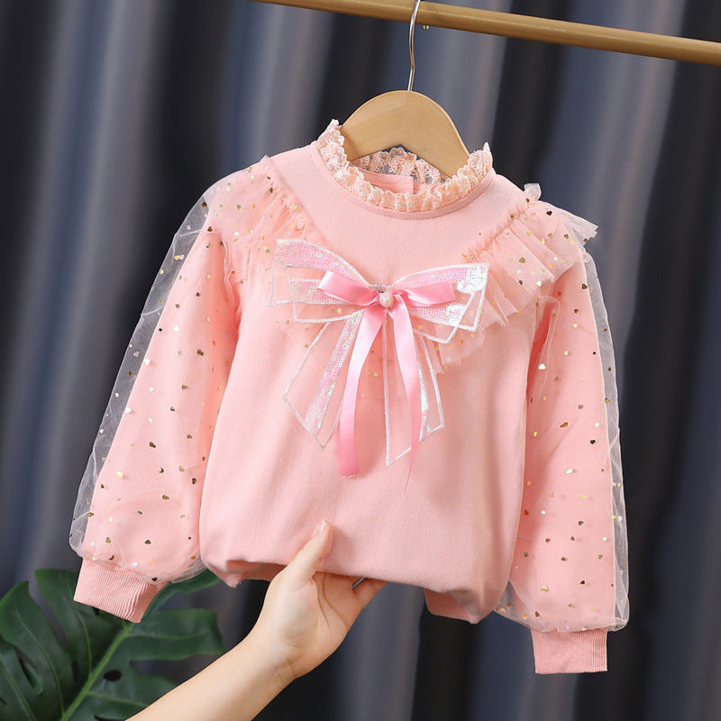 Mädchen modisches Sweatshirt mit dekorativen Tüllärmeln und Schleifendetails Drune