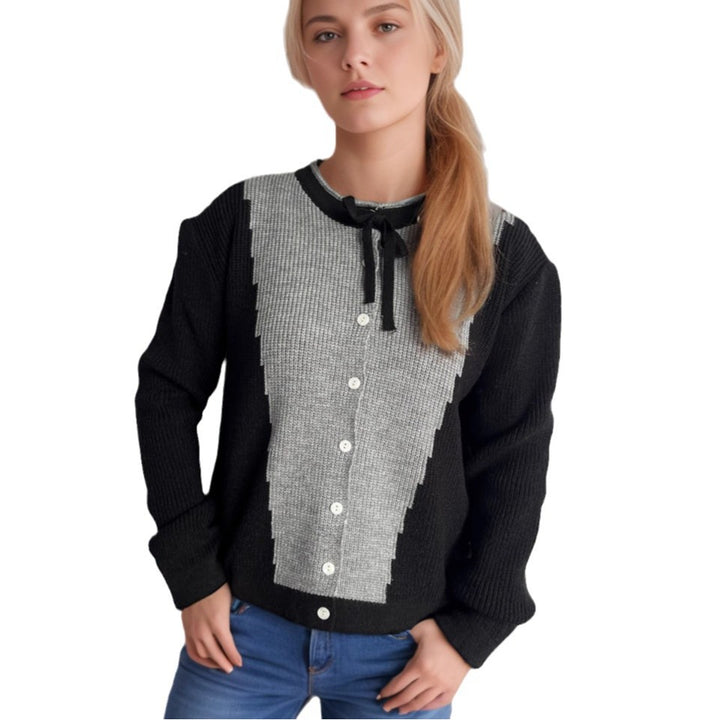 Damen Strickjacke mit kontrastierenden Mustern und dekorativen Knopfdetails Drune