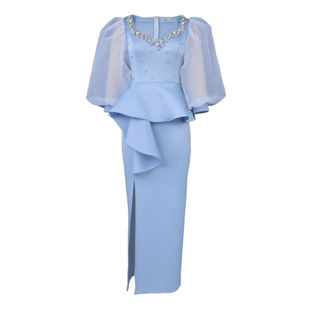 Damen Elegantes Abendkleid mit funkelnden Perlen und voluminösen Tüllärmeln Drune