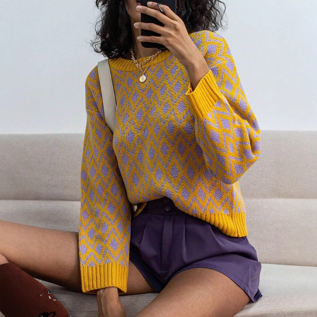 Damen lässiger Strickpullover mit geometrischem Muster Drune