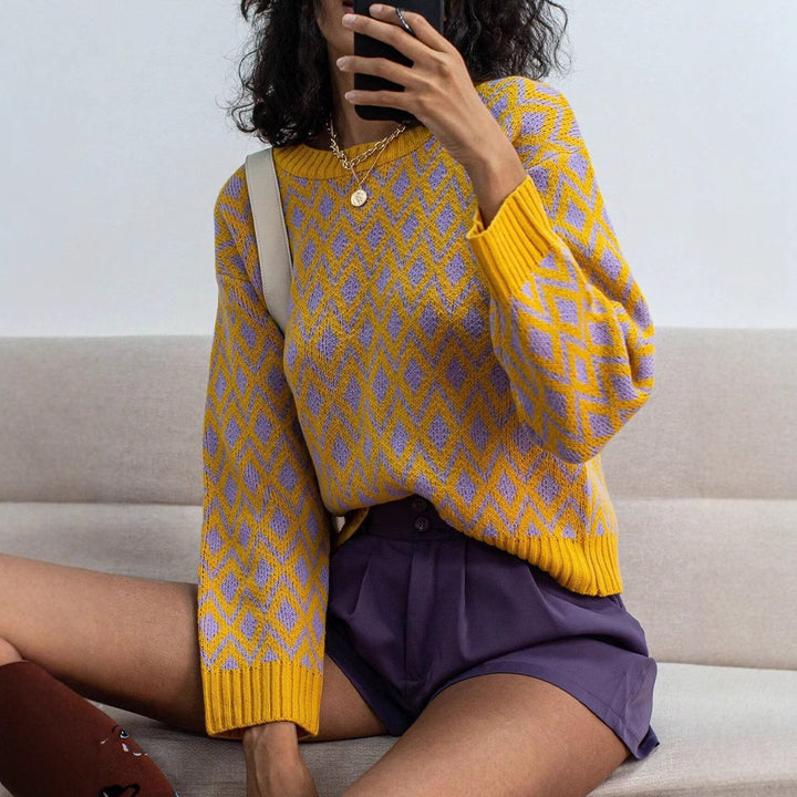 Damen lässiger Strickpullover mit geometrischem Muster Drune