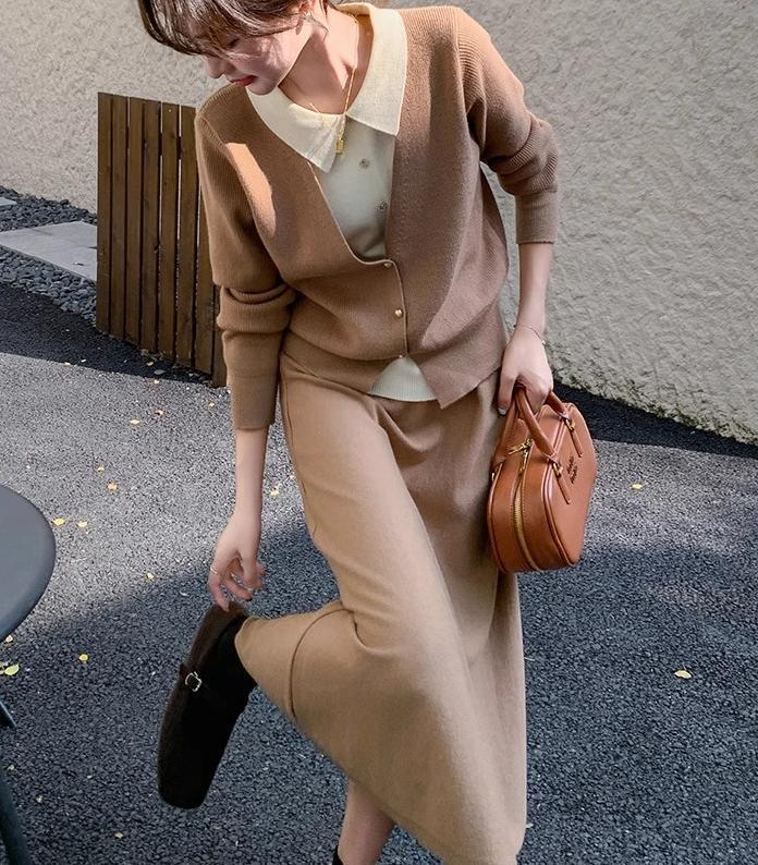 Damen Strickensemble mit eleganter Blusenoptik und weitem Rock Drune
