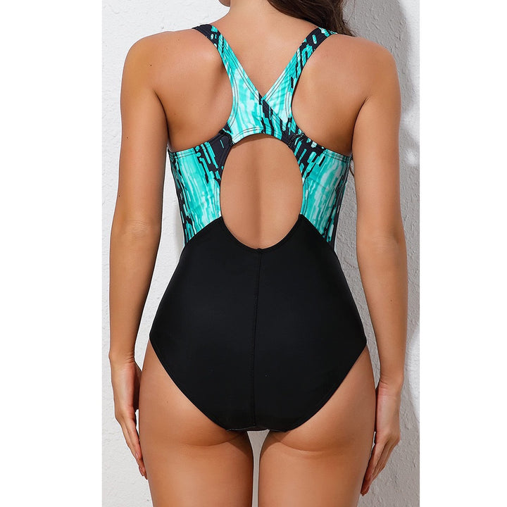 Damen Sportlicher Einteiler Badeanzug mit dynamischem Grafikdesign Drune