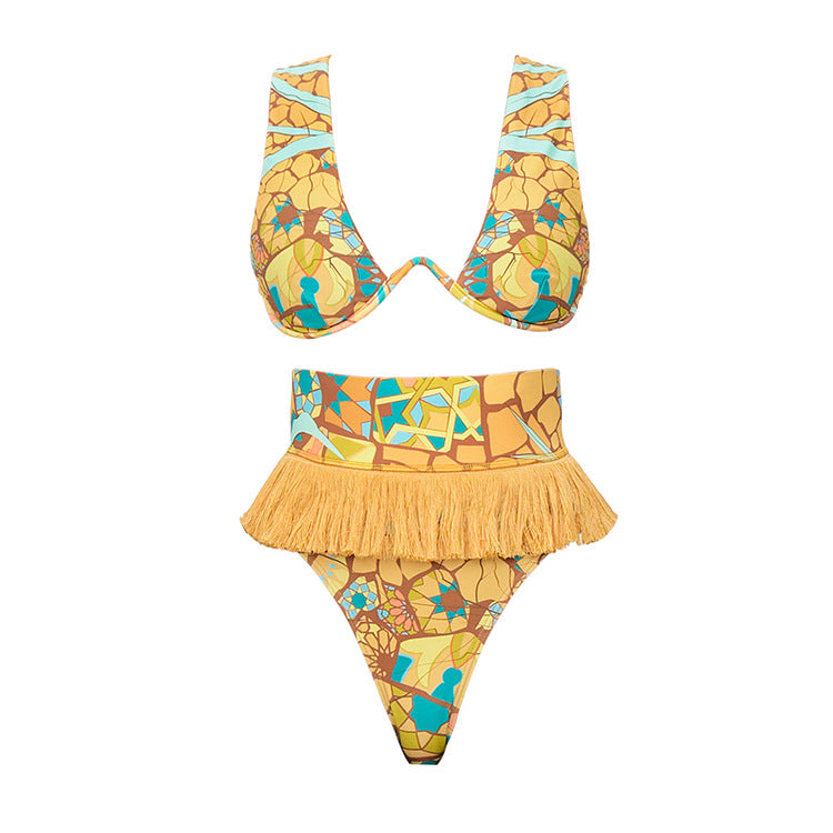 Damen Bikini-Set mit fransigem Saum und kreativem Muster Drune