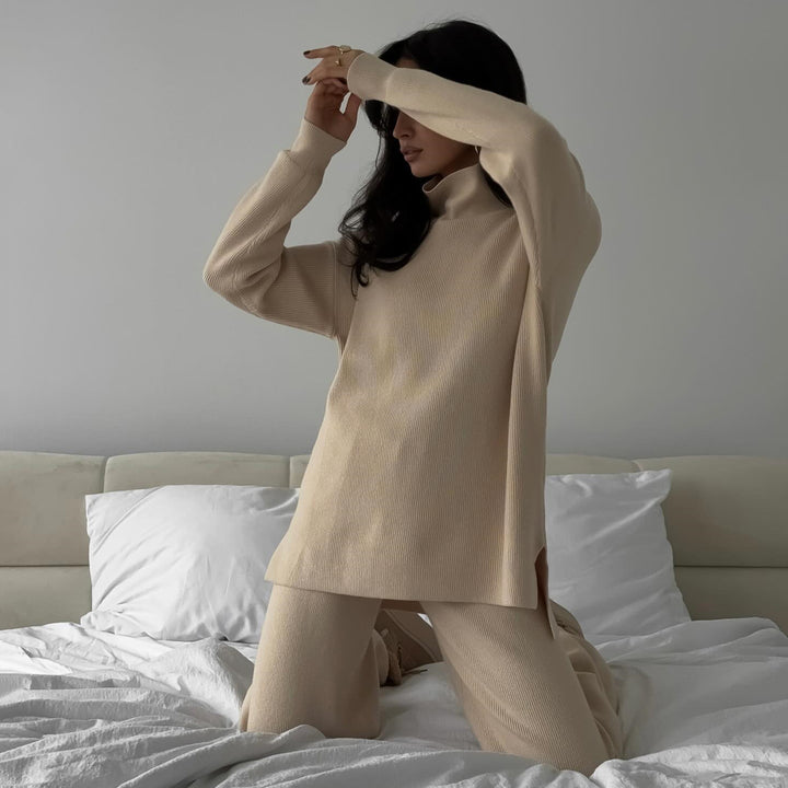 Damen Strick-Loungewear-Set mit hohem Kragen und weiten Hosen Drune