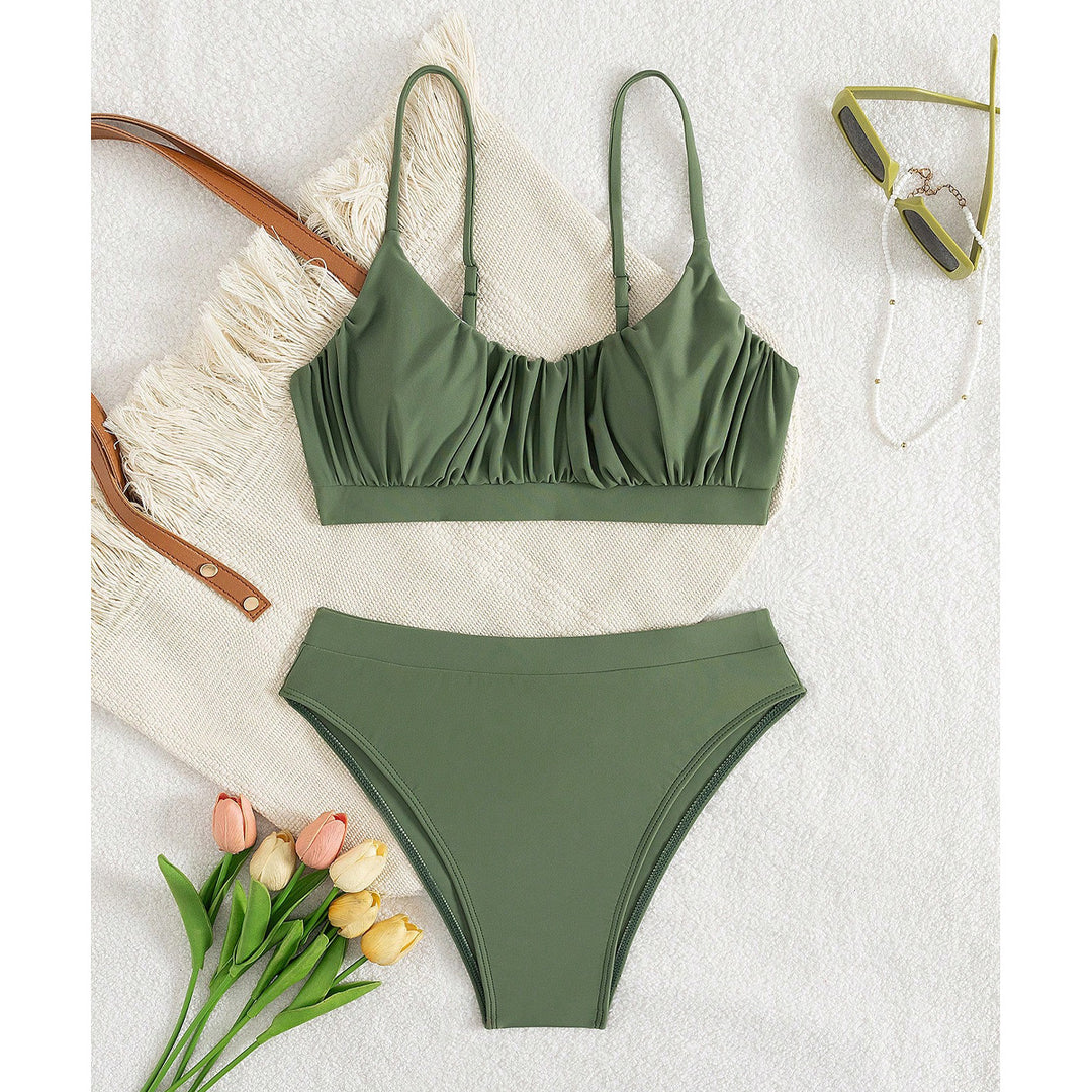 Damen Push-Up Bikini mit gerafftem Oberteil und hohem Bund Drune