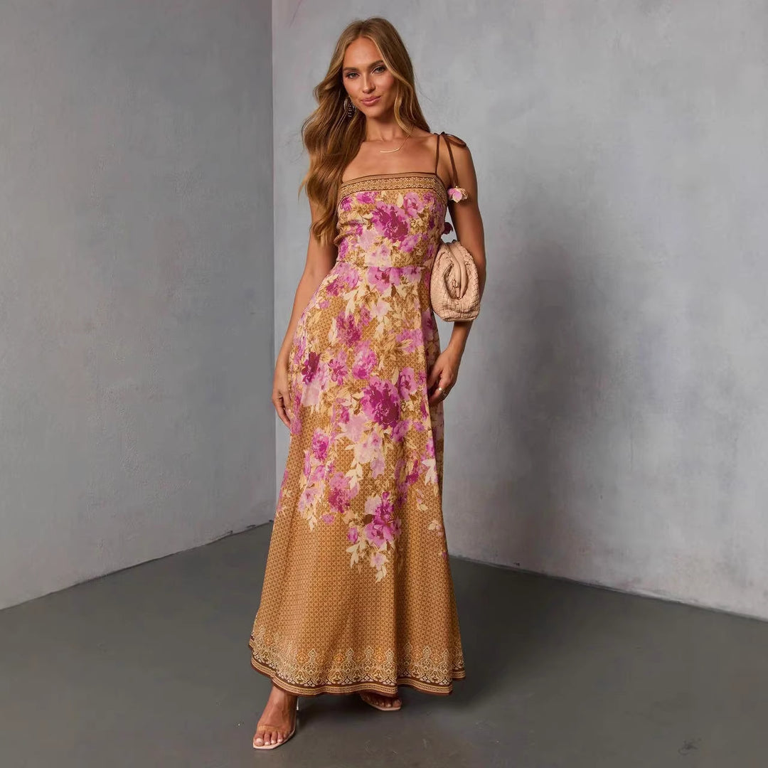 Damen Maxikleid im romantischen Bohemian-Stil mit floralen Akzenten und verstellbaren Trägern Drune