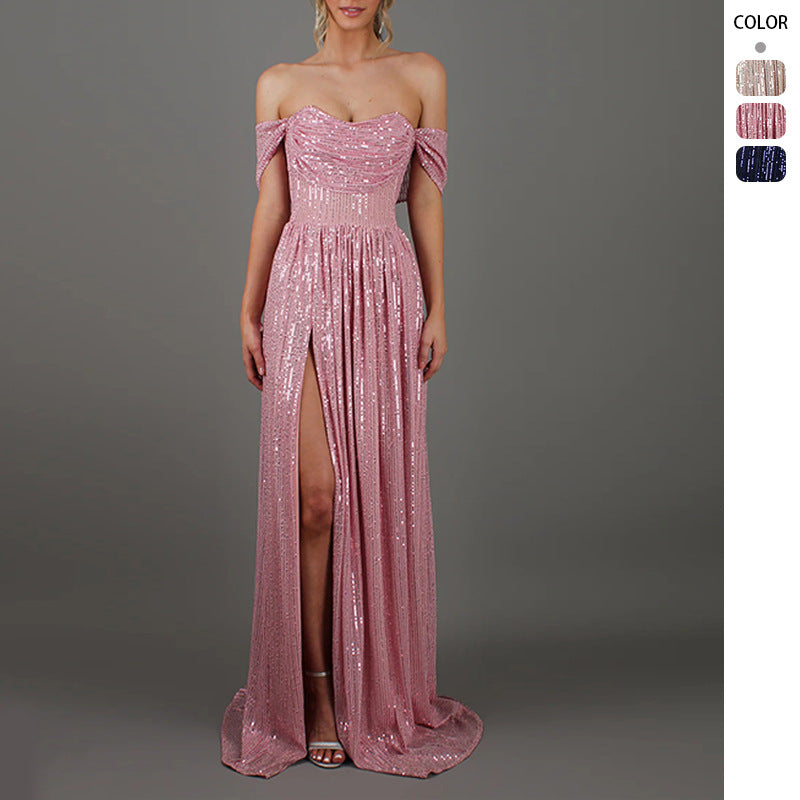 Damen Glitzerndes und schulterfreies Abendkleid mit tiefem Schlitz Drune