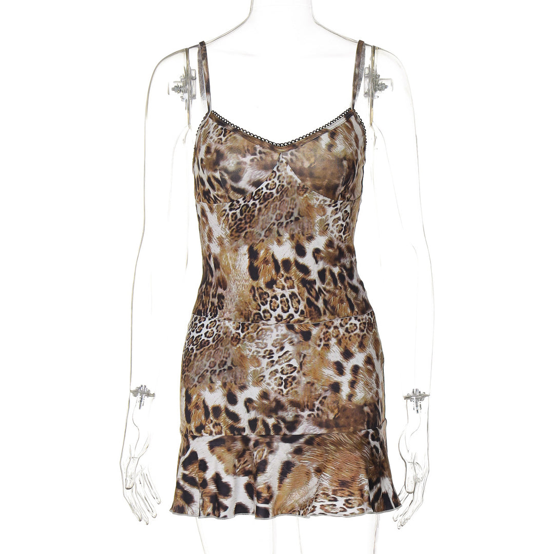 Damen Minikleid mit aufregendem Leopardenmuster und Spitzenbesatz Drune