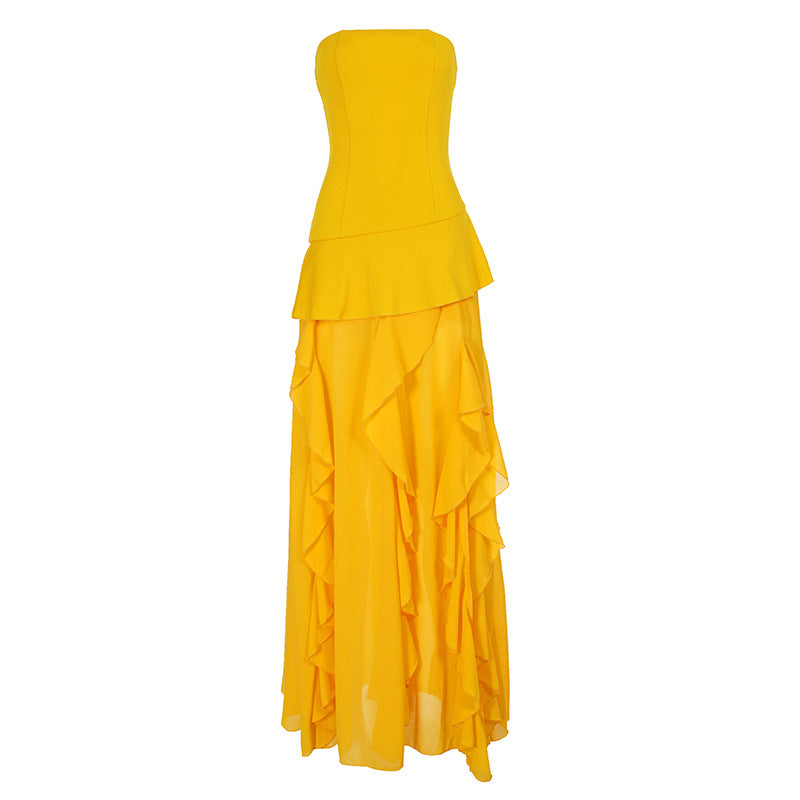Damen fließendes Maxikleid mit Rüschen und Volant Drune