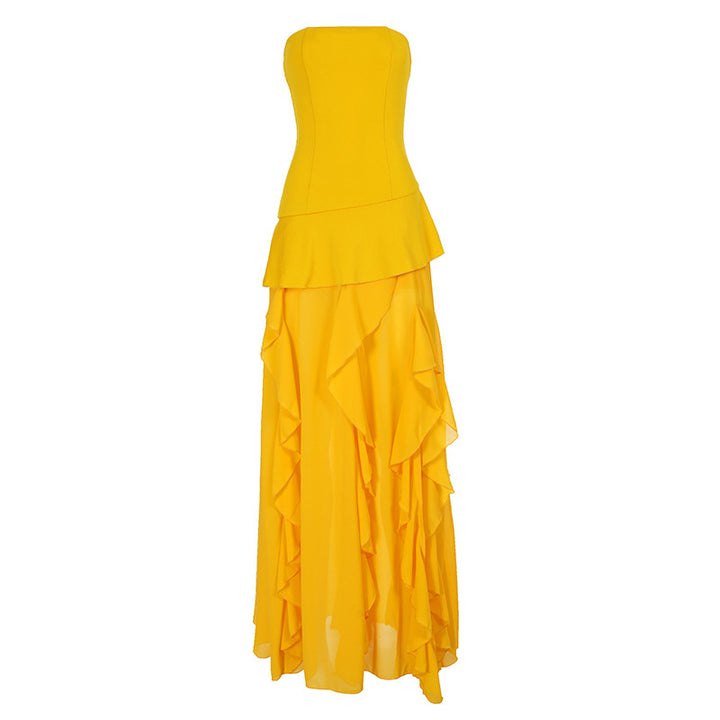 Damen fließendes Maxikleid mit Rüschen und Volant Drune