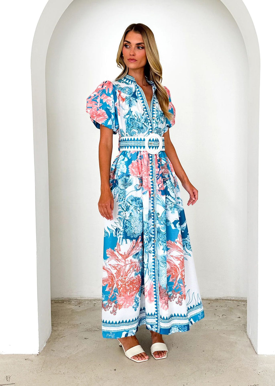 Damen Maxikleid mit hohem Kragen und eleganten Puffärmeln Drune