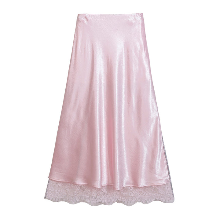 Damen nan ausgestellter Satin-Midirock mit feiner Spitzenunterlage und nahtlosem Taillenbund Drune